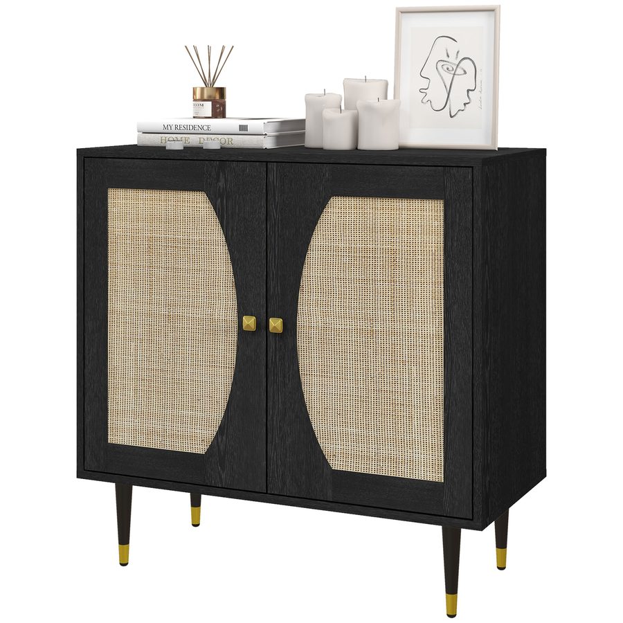 HOMCOM Buffet Küchenmöbel Aufbewahrung Boho Design Doppeltüren mit 2 Ebenen, Rattanfront 80 x 38 x 79 cm Schwarz   Aosom von HOMCOM