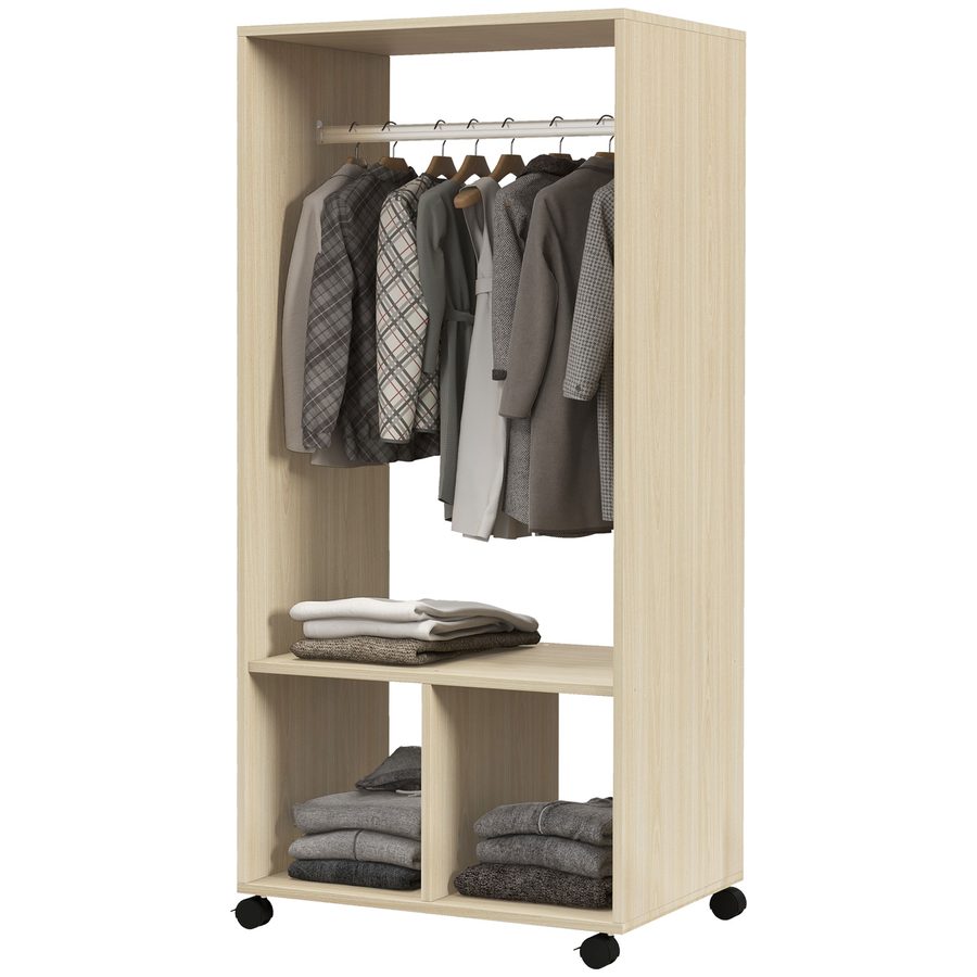 HOMCOM Schrank mit Regal 2 Fächer Kleiderstange 4 schwenkbare Rollen Maße 60L x 40B x 128H cm Naturholz   Aosom von HOMCOM