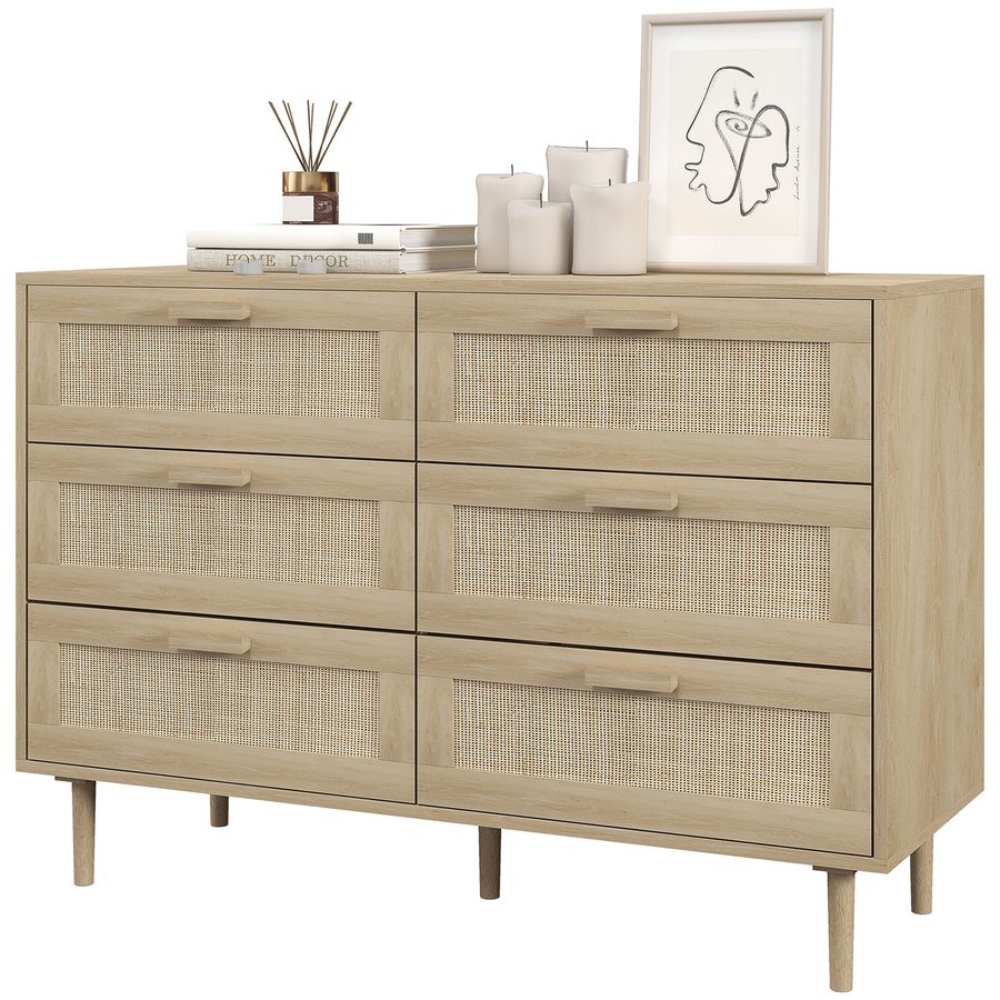 HOMCOM Kommode 6 Schubladen Aufbewahrungsmöbel mit Rattanflechtwerk 110L x 40B x 75H cm Holzoptik   Aosom von HOMCOM