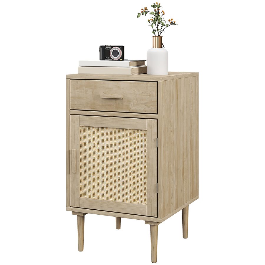 HOMCOM Nachttisch Beistelltisch mit Schrank und geflochtener Rattantür + 1 Schublade Bohème Design - 40 x 40 x 68,5 cm Natur   Aosom von HOMCOM