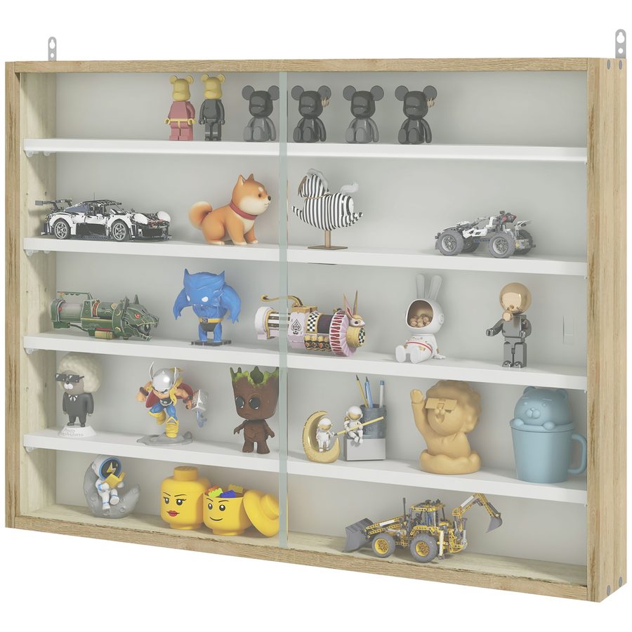 HOMCOM Vitrine für Sammlung Wandvitrine 80 x 9,5 x 60 cm mit 4 verstellbaren Regalen und 2 Schiebetüren aus Glas, für Sammlung von Figuren und Miniaturautos, Eiche   Aosom von HOMCOM