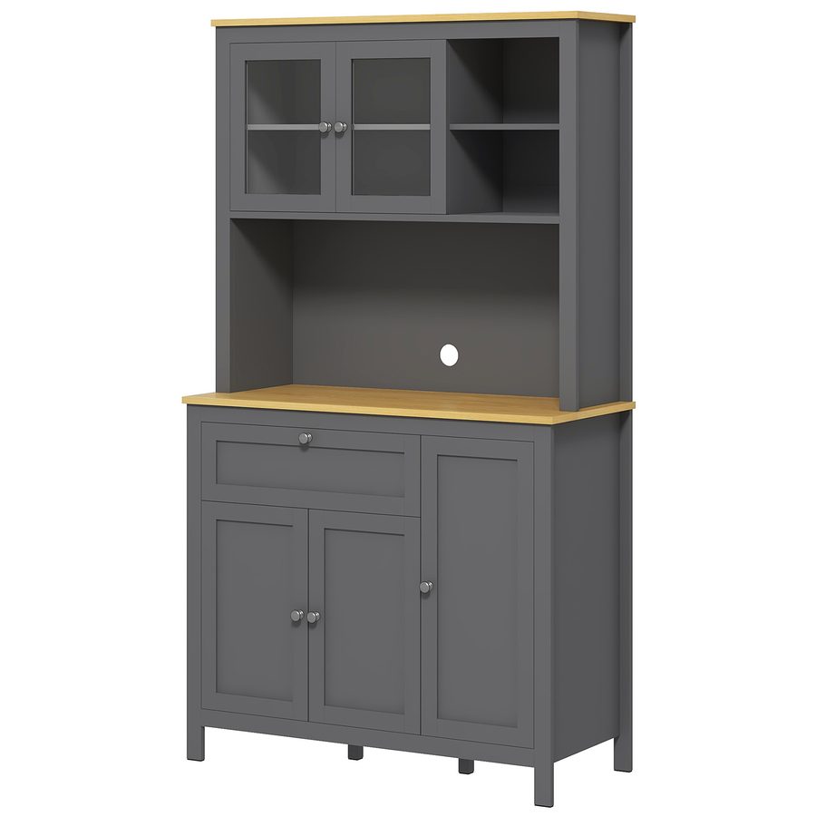 HOMCOM Küchenschrank Buffet Küche Vitrinenschrank Aufbewahrungsmöbel im modernen Stil mit 3 Schränken, Schublade, Fächern, Kabeldurchlass, verstellbaren Regalen und Glastüren, 100 x 40 x 180 cm, Grau   Aosom von HOMCOM