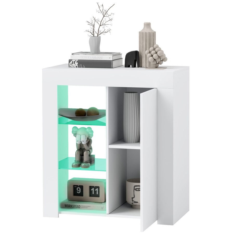 HOMCOM Wohnzimmermöbel mit LED-Lichtern, 3 verstellbaren Glasregalen und 2-stufigem Schrank, Moderne Sideboard-Kommode aus Spanplatte für den Eingang, 75x40,1x83 cm, Weiß   Aosom von HOMCOM