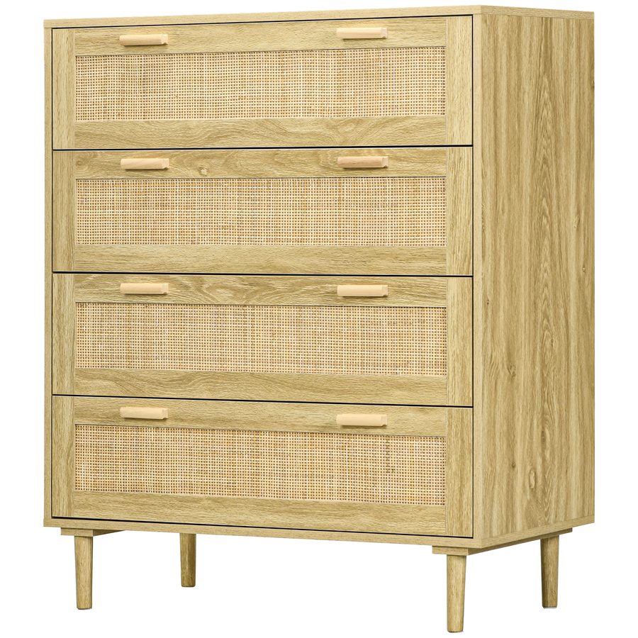HOMCOM Kommode Schlafzimmer 4 Schubladen Aufbewahrungsmöbel mit Rattanflechtwerk im Bohème-Stil Maße 90 cm lang x 45 cm tief x 108,5 cm hoch Aspekt Naturholz   Aosom von HOMCOM