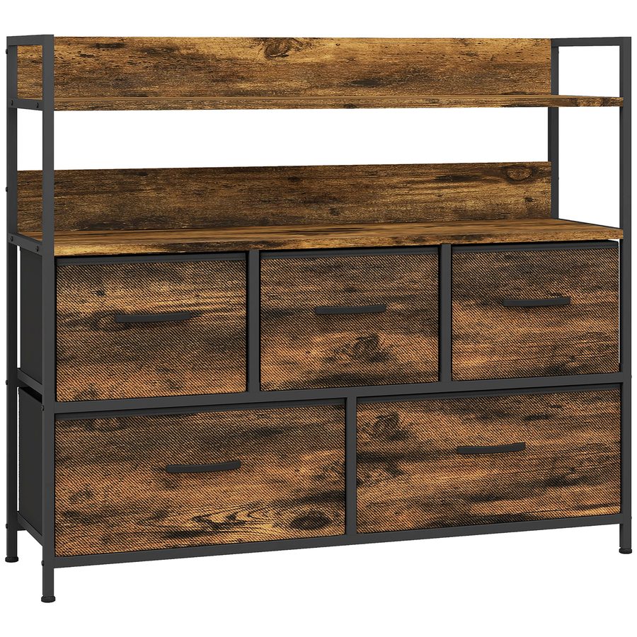 HOMCOM Kommode mit 5 klappbaren Stoffschubladen, offene Ablagen & Stahlrahmen – Industrie-Stil, 98 x 29 x 85 cm, rustikabraun   Aosom von HOMCOM