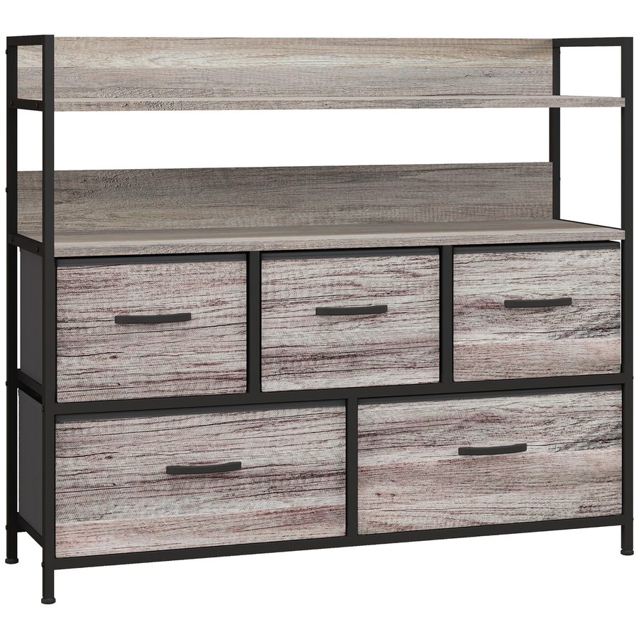 HOMCOM Kommode mit 5 Schubladen aus Stoff, Aufbewahrungsschrank, Kommodenschrank mit 2 Regalen, Stahlgestell, Modern-Design für Wohnzimmer, Schlafzimmer Grau   Aosom von HOMCOM