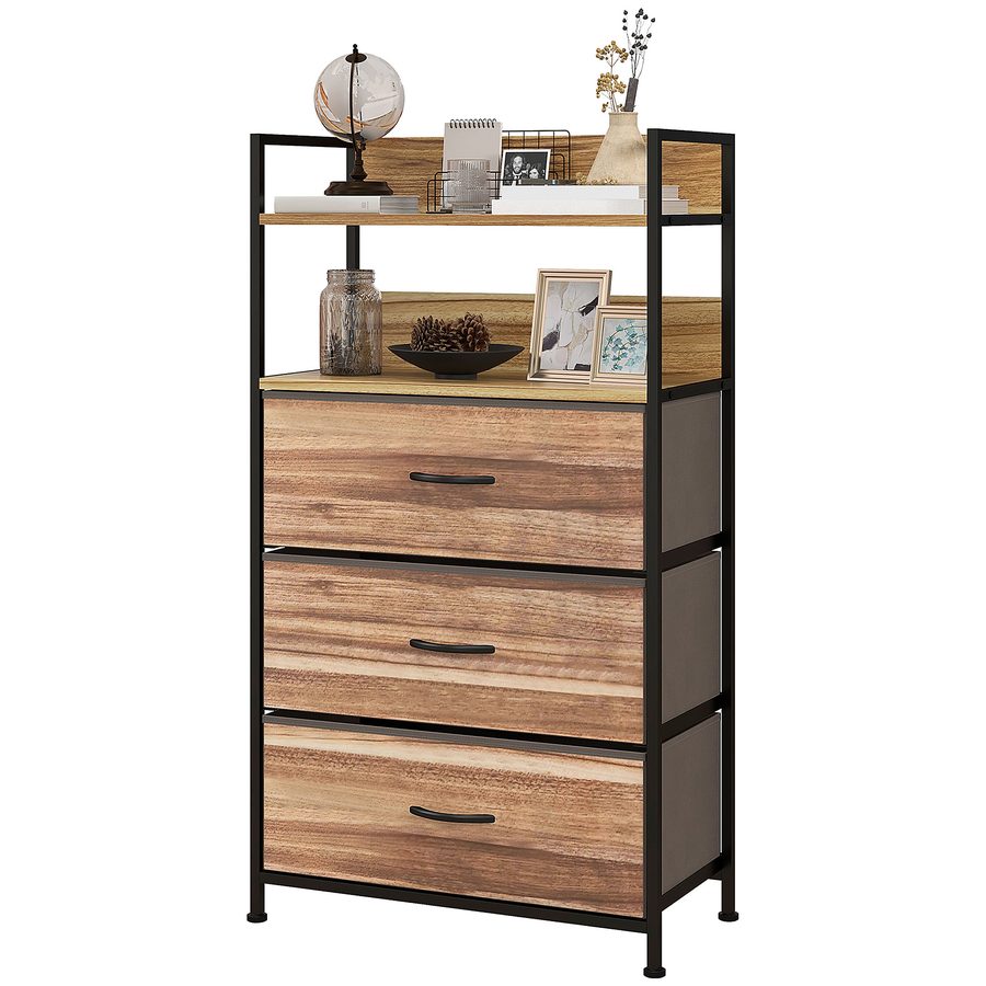 HOMCOM Aufbewahrungskommode im industriellen Stil mit 3 herausnehmbaren Stoffschubladen und 2 Regalen - 60 x 29 x 101 cm - Holzoptik und schwarzes Metall   Aosom von HOMCOM