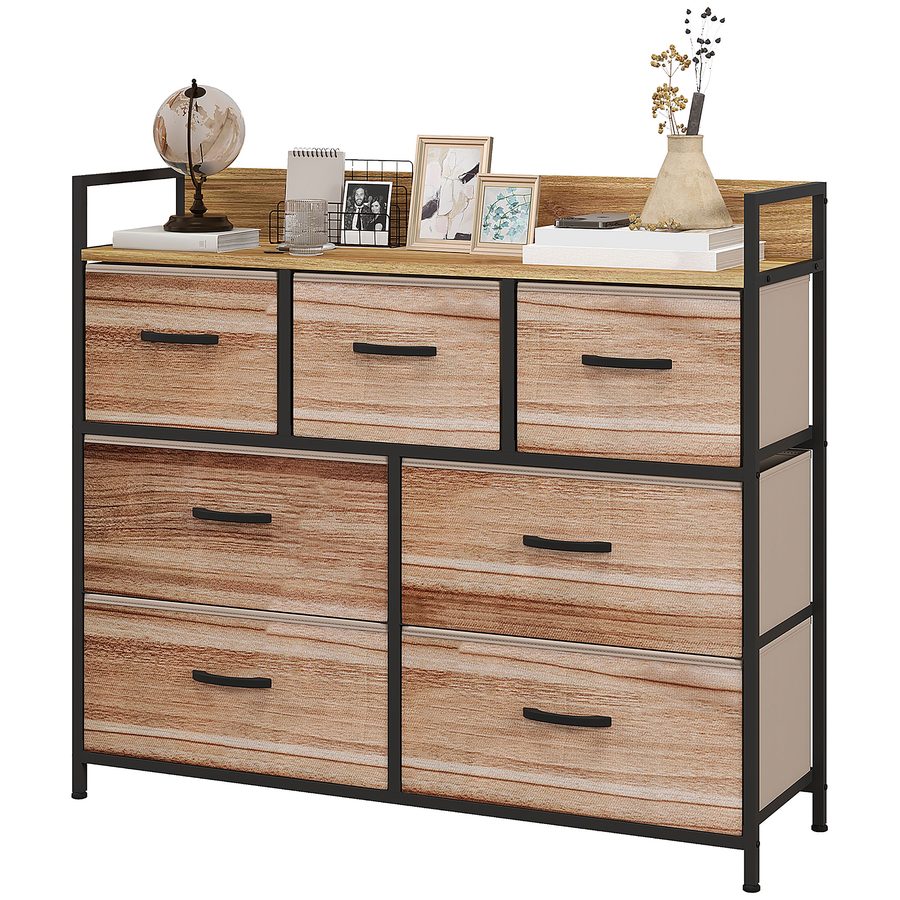 HOMCOM Kommode 7 Schubladen Aufbewahrungsschrank faltbarer Stoffschublade - schwarze Stahlstruktur - 98 x 29 x 85 cm, Schlafzimmer, Eingangsbereich, Wohnzimmer, Schwarz und Natur   Aosom von HOMCOM