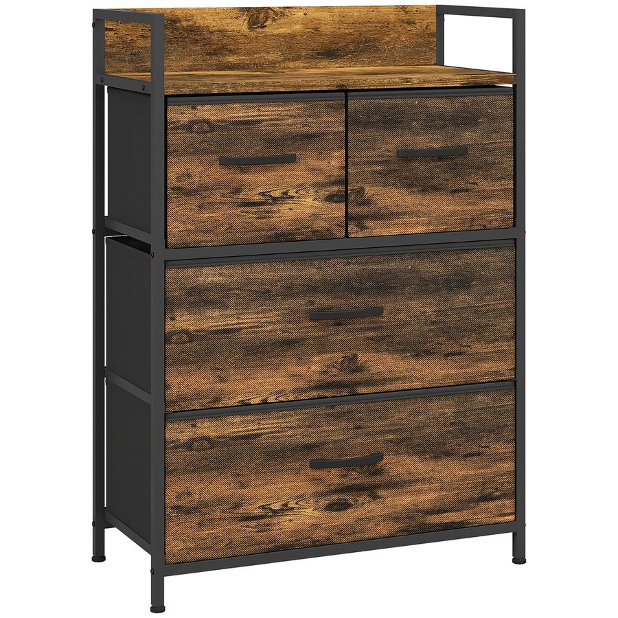 HOMCOM Kommode 4 faltbare Stoffschubladen Regal Griff Aufbewahrungsschrank Industrial Design Stahlrahmen Rustikal-Braun   Aosom von HOMCOM