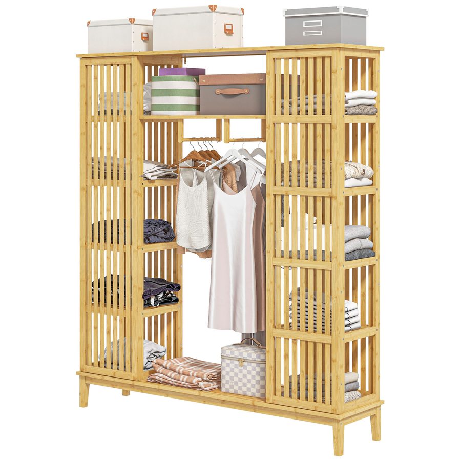 HOMCOM Bambus Kleiderschrank mit 2 Schiebetüren, offenen Regalen und Stange für Schlafzimmer, 145 x 35 x 165cm, Naturholz-Finish   Aosom von HOMCOM