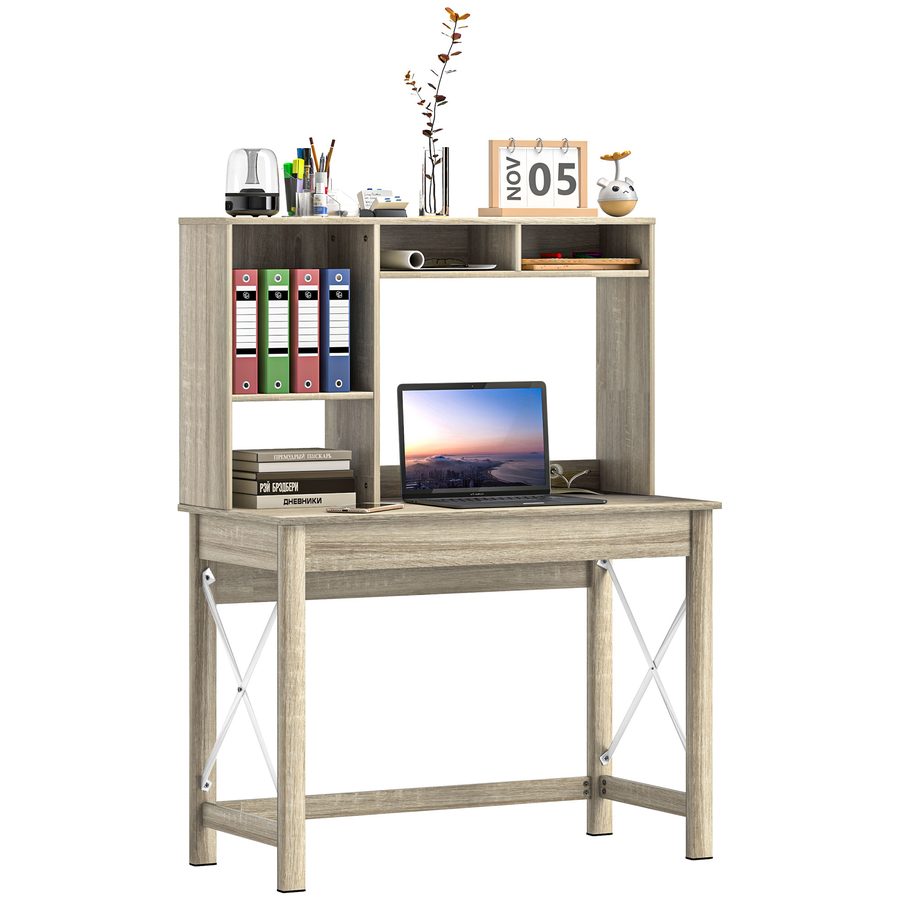 HOMCOM Schreibtisch mit Aufbewahrung, Bücherregal, moderner Holzschreibtisch mit Regalen und großer Platte für kleine Räume Homeoffice-Schlafzimmer, 105 x 50 x 137,5 cm, Eichenoptik   Aosom von HOMCOM