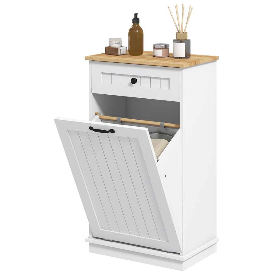 HOMCOM Badezimmerschrank mit Wäschesack und Schublade, Schrank mit Wäschekorb aus Holz und Innenkorb aus Stoff, Weiß   Aosom von HOMCOM