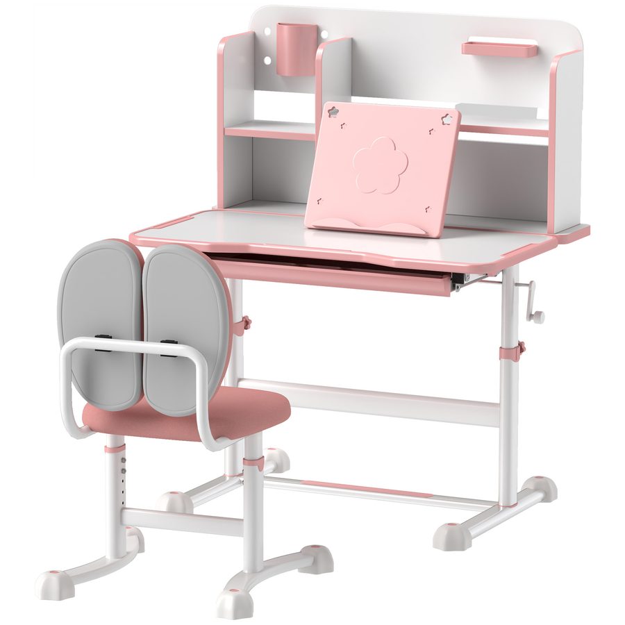 AIYAPLAY Set Schreibtisch und Stuhl für Kinder 3-12 Jahre Höhenverstellbar, Schulbank mit 45° Neigbarem Tisch, Schublade, Bücherregal, Stifthalter und Buchstütze, aus Stahl und MDF, Rosa   Aosom von AIYAPLAY