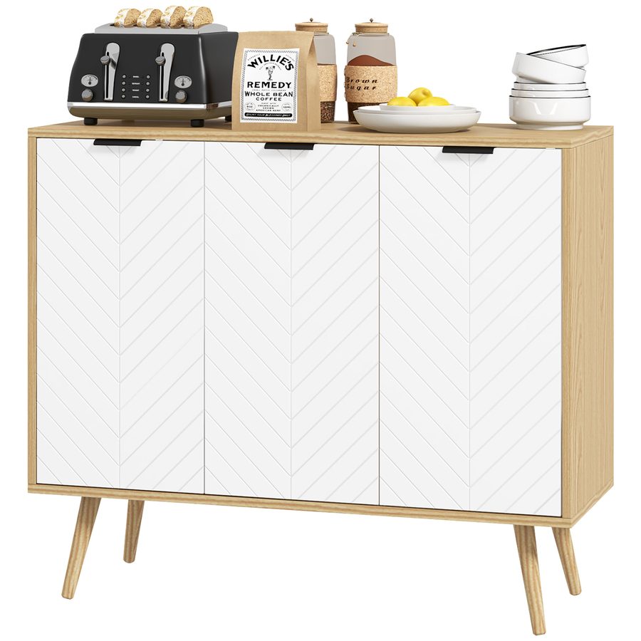 HOMCOM Niedrigschrank, Aufbewahrungsmöbel, höhenverstellbare Regale, 2 Schränke, 3 Türen Chevron-Muster, für Küche, Esszimmer, Wohnzimmer, 91,5 x 35 x 77,4 cm, Weiß und Naturholz   Aosom von HOMCOM