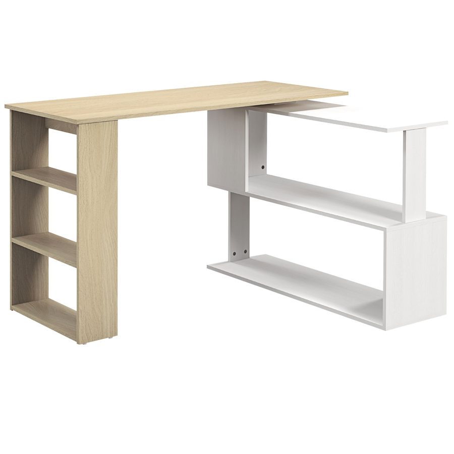 HOMCOM Eckschreibtisch Esstisch mit Stauraum modularer Computertisch integriertes Bücherregal + 3-stufiges Regal weiß und Naturholz   Aosom von HOMCOM