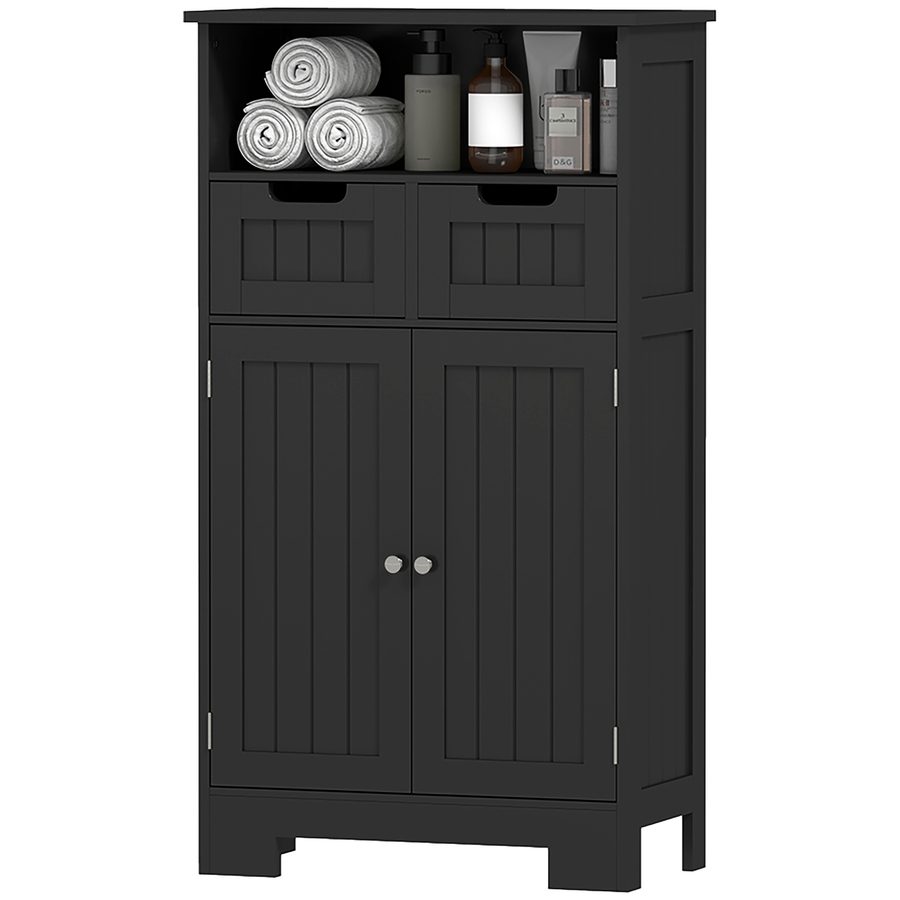Kleankin Badezimmerschrank, Aufbewahrungsmöbel mit 2 Schubladen, Fach, Schrank mit Tür, verstellbarem Regal, Badezimmermöbel, Küche, Wohnzimmer, 60 x 30 x 109 cm, Schwarz   Aosom von Kleankin