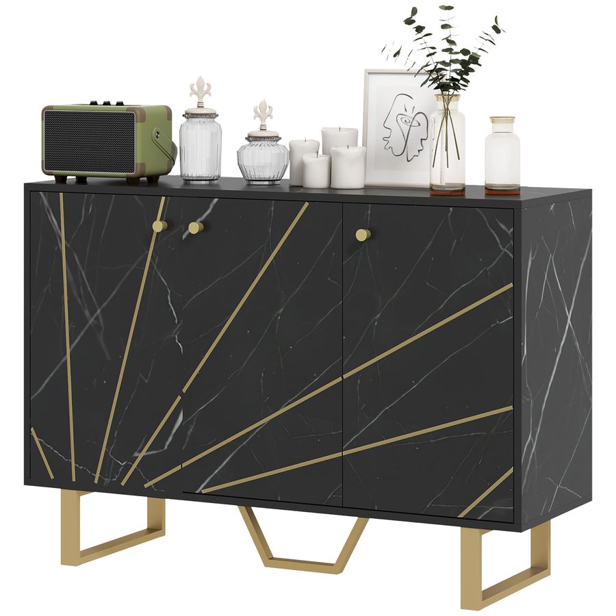 HOMCOM Aufbewahrungsschrank Sideboard für Wohnzimmer mit 2 Schränken 3 Türen und verstellbaren Regalen, Metallbeine - Maße: 107L x 35B x 75H cm, schwarzer Marmoroptik   Aosom von HOMCOM