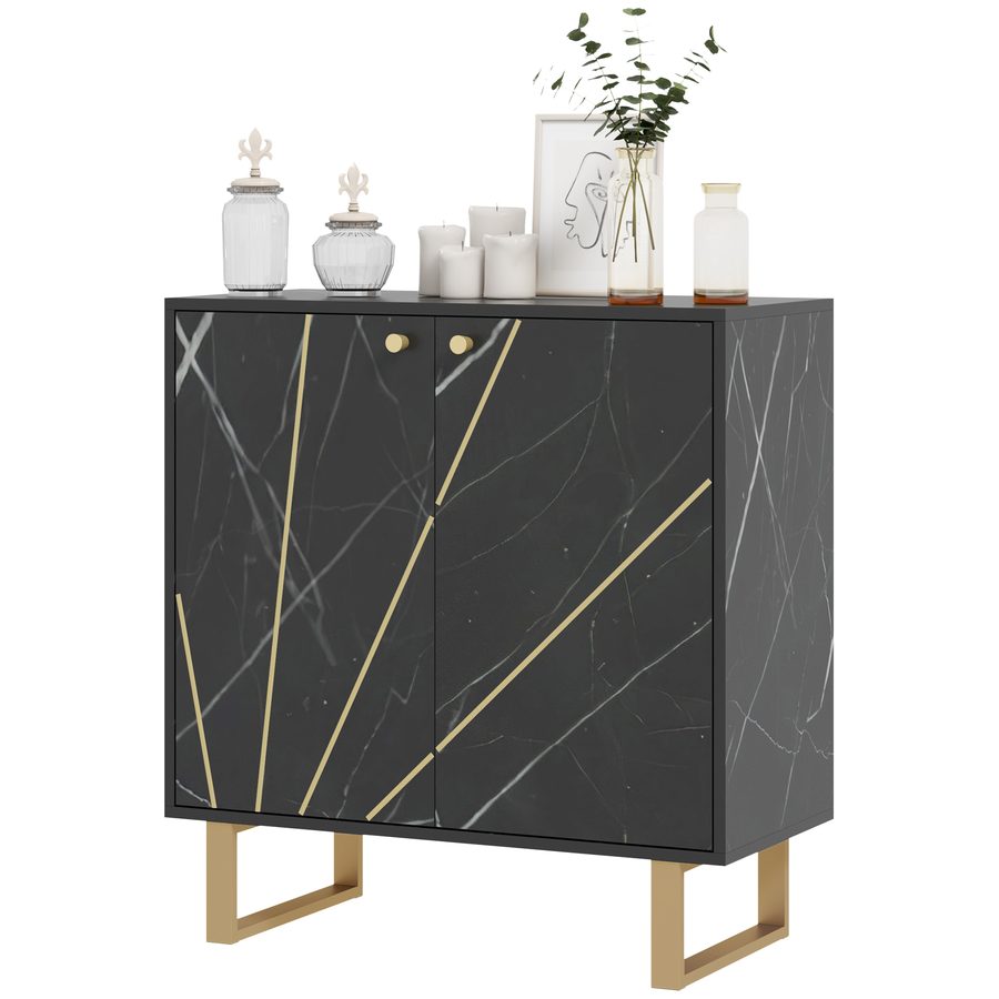 HOMCOM Buffet, Aufbewahrungsschrank, mit 2 Türen und höhenverstellbarem Regal, 76 x 35 x 77 cm, Aufbewahrungsschrank mit Metallbeinen, für Wohn- und Esszimmer, schwarzer Marmor-Ton   Aosom von HOMCOM