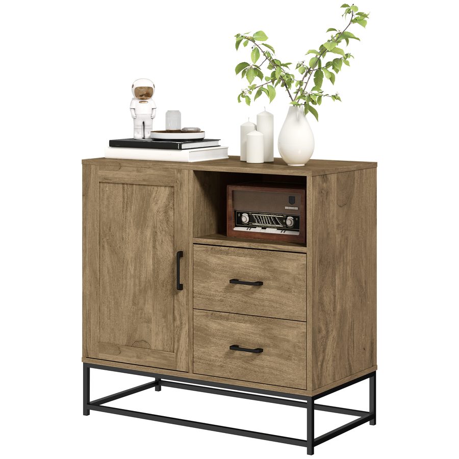 HOMCOM Buffet Wohnzimmer Aufbewahrungsmöbel modernes Design mit 2 Schubladen, offenem Fach und verstellbarem Regal - Esszimmer, Küche und Wohnzimmer Buffet, 80 x 40 x 78 cm, Naturholz   Aosom von HOMCOM