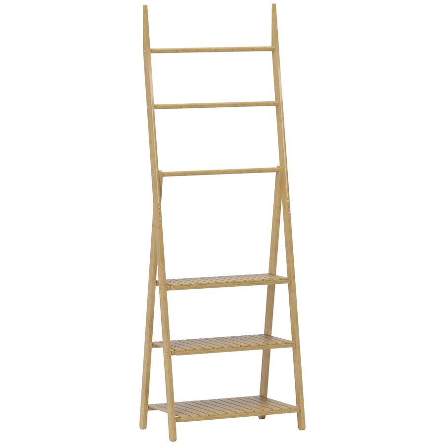 HOMCOM Badregal, Badezimmerregal mit 3 Ebenen, Aufbewahrungsregal aus Bambus, A-Form Standregal mit Handtuchhalter für Badezimmer, Wohnzimmer, Küche, 53,5 x 30 x 153 cm, Naturholz   Aosom von HOMCOM