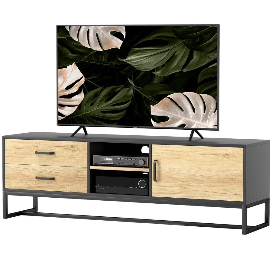 HOMCOM TV-Schrank TV-Möbel TV-Bank für Fernseher bis zu 60 Zoll mit Schrank, offenen Fächern, 2 Schubladen, verstellbarem Regal und Kabeldurchführungen für Wohnzimmer Schlafzimmer, Naturholz   Aosom von HOMCOM