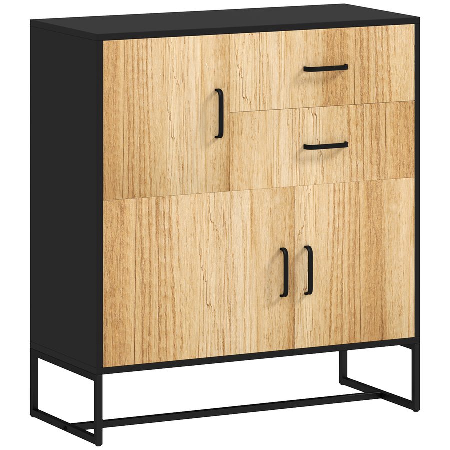 HOMCOM Moderne Kommode Aufbewahrungsschrank mit 3 Schränken und 2 Schubladen, Mehrzweckschrank aus Spanplatte und Stahl, 80x35x85 cm, Schwarz und Holzoptik   Aosom von HOMCOM