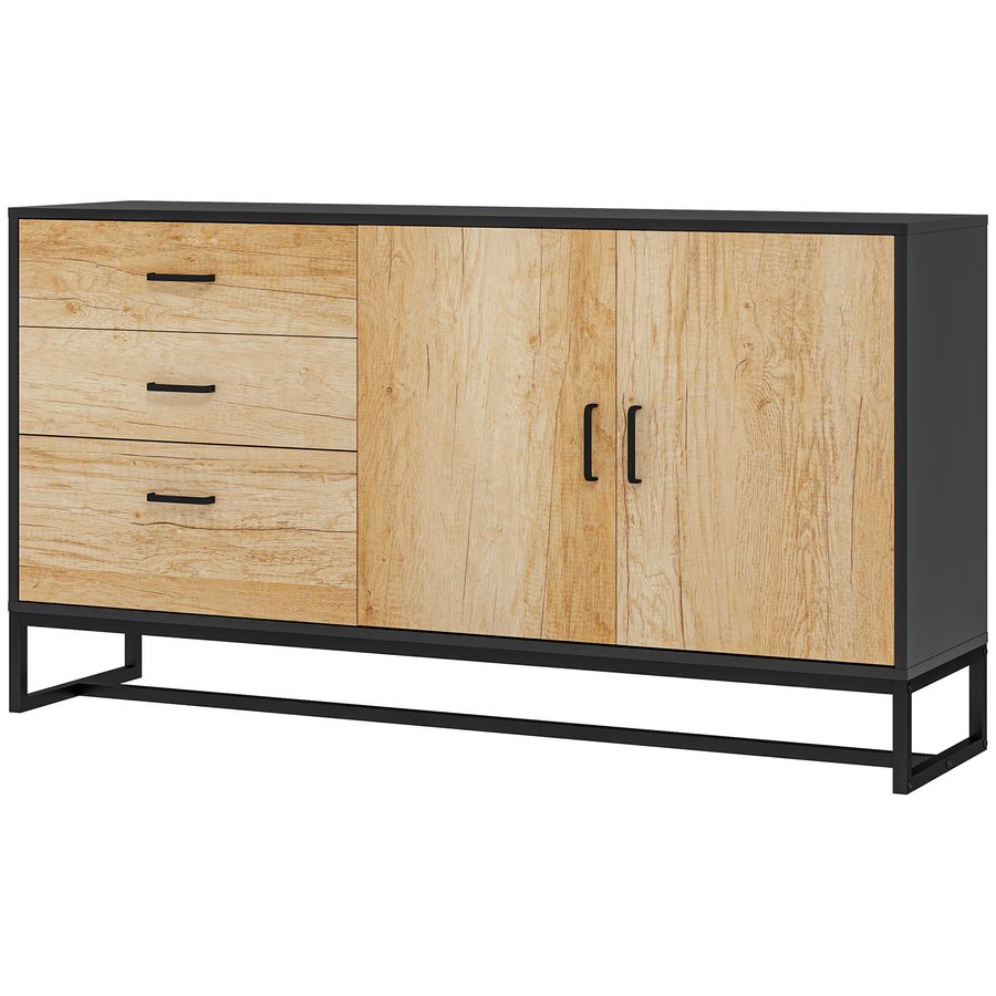 HOMCOM Buffet Wohnzimmer Aufbewahrungsschrank mit Schrank, 3 Schubladen und verstellbarem Regal, Stahlbeine, Griffe aus Aluminiumlegierung, für Wohnzimmer, Esszimmer, Maße 140 x 35 x 75 cm, Naturholz   Aosom von HOMCOM