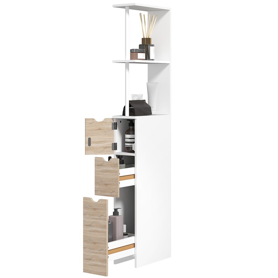 HOMCOM Badezimmerschrank, platzsparendes Holz Badezimmermöbel, Schrank mit Regalen und Schubladen, 15x33x136 cm, Farbe Holz   Aosom von HOMCOM