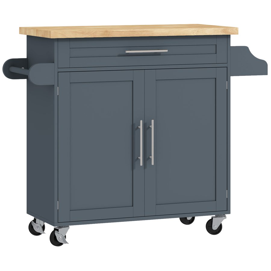HOMCOM Küchenwagen Mehrzweckwagen mit Schublade, Rollen, Gewürzhalter und Schrank, Küchenmöbel mit verstellbarem Regalboden, Handtuchhalter und Holzauflage aus Kautschukholz, 109x40x89 cm, Grau   Aosom von HOMCOM