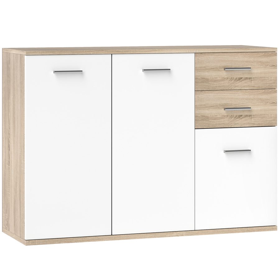 HOMCOM Sideboard Wohnzimmer, Aufbewahrungsmöbel mit 2 Schubladen, 3 Türen und höhenverstellbarem Einlegeboden, zeitgenössischer Stil, Sideboard für Esszimmer und Küche, 106 x 35 x 76 cm, weiß und Naturholz   Aosom von HOMCOM