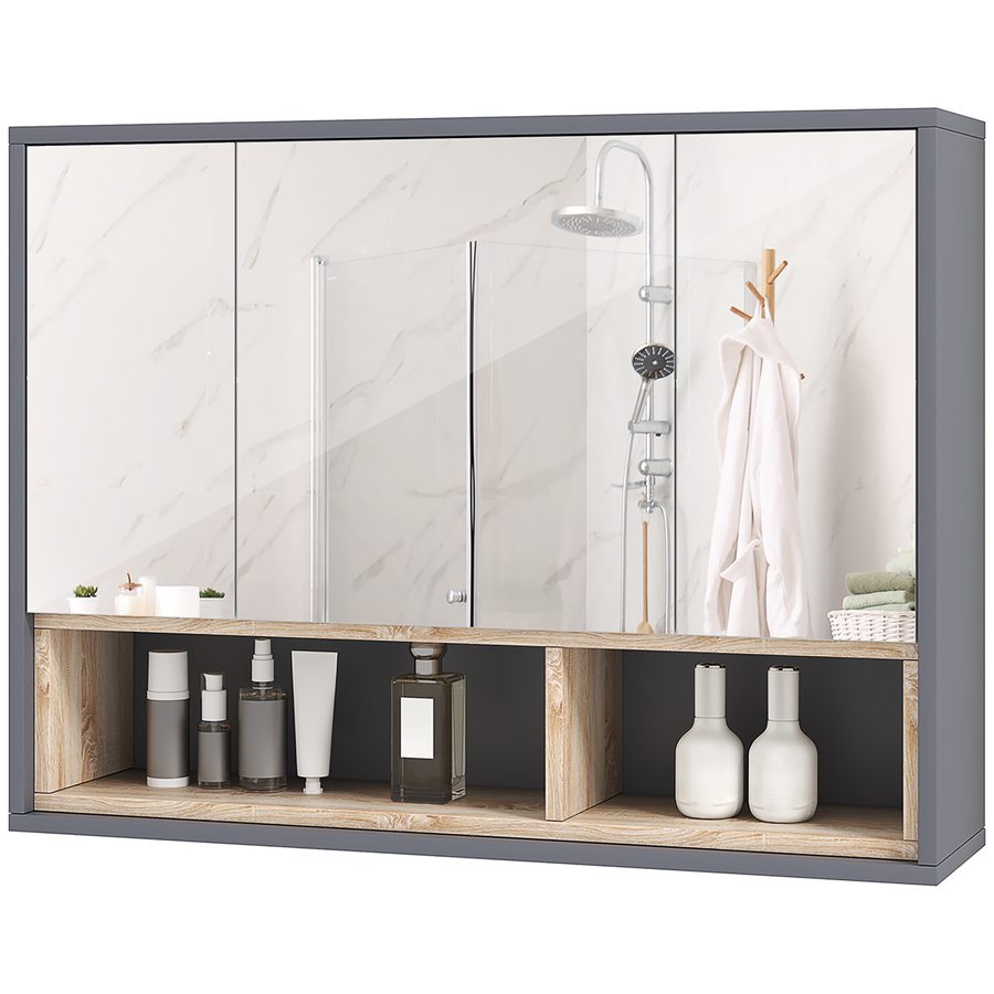 HOMCOM Wandmontage Schrank, Badezimmermöbel mit Spiegel Schrank hängend, Badezimmerspiegel mit Aufbewahrung, Schränke mit 3 Türen und 8 Fächern, Maße 80L x 20B x 60H cm, Grau   Aosom von HOMCOM