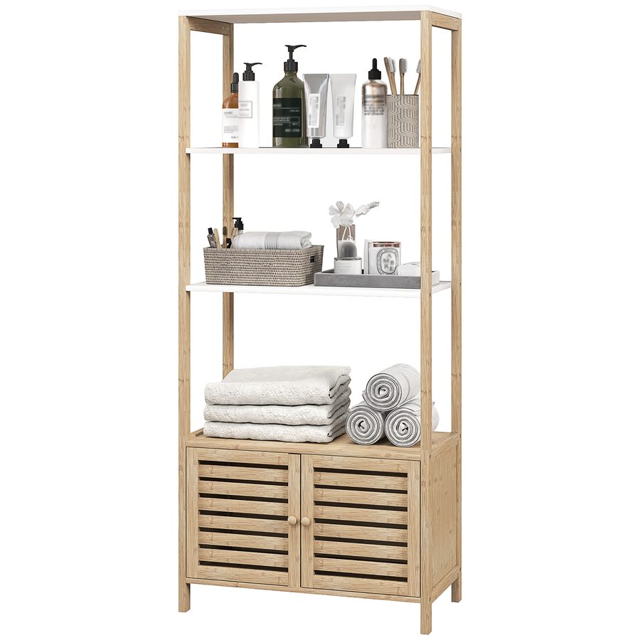 HOMCOM Badezimmerschrank mit 3 Regalen Hochschrank aus Bambus 1 Schrank mit Lamellentüren Erhöhte Basis 63 x 30 x 138 cm Naturholz und Weiß   Aosom von HOMCOM