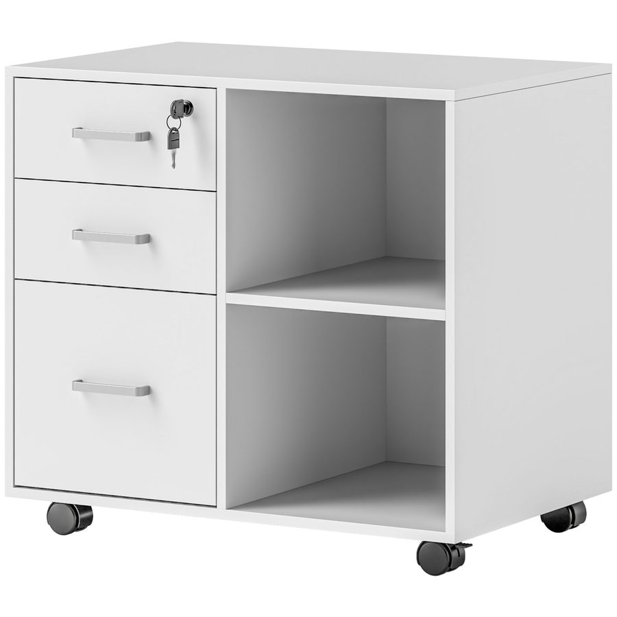 HOMCOM Bürocontainer mit 3 Schubladen, Büromöbel aus Holz mit Rädern, 2 Fächer und Schublade mit Schloss und Schlüssel, für Büro und Studium, 60x40x56 cm, Weiß   Aosom von HOMCOM