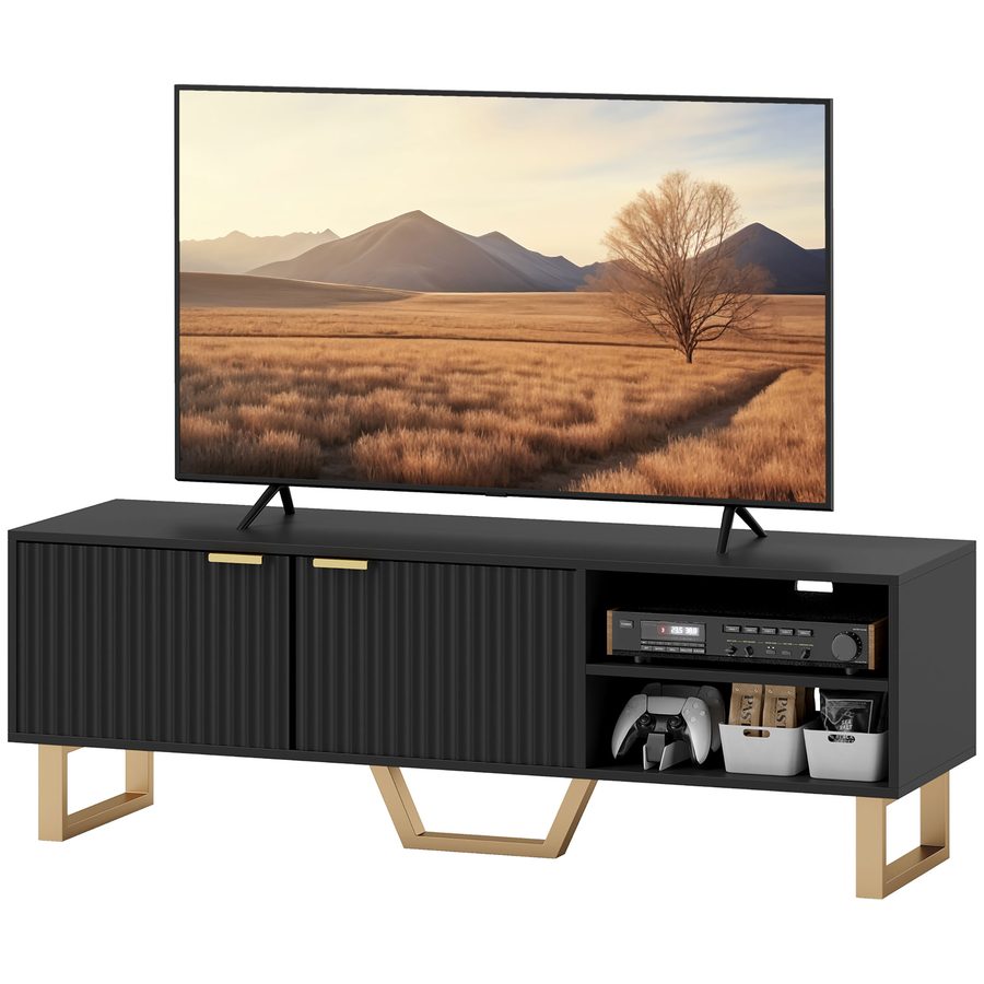 HOMCOM TV-Schrank Fernsehtisch Holz-TV-Ständer für Fernseher bis zu 70 Zoll mit 2 gerillten Türen, offenem Fach und Kabeldurchführung, für Wohnzimmer Schlafzimmer, 140 x 39 x 47 cm, Schwarz   Aosom von HOMCOM