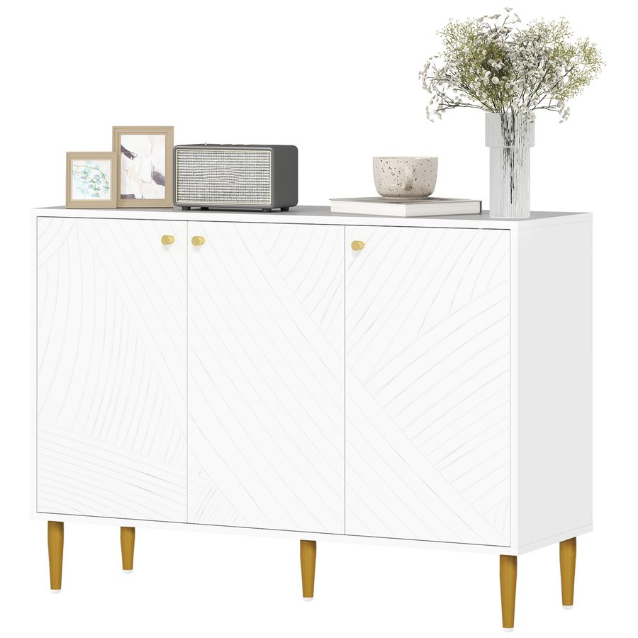 HOMCOM Buffet, Aufbewahrungsmöbel, mit 2 Schränken, 3 Türen mit Linienformen, verstellbare Regale, goldene Stahlbeine, weiß   Aosom von HOMCOM