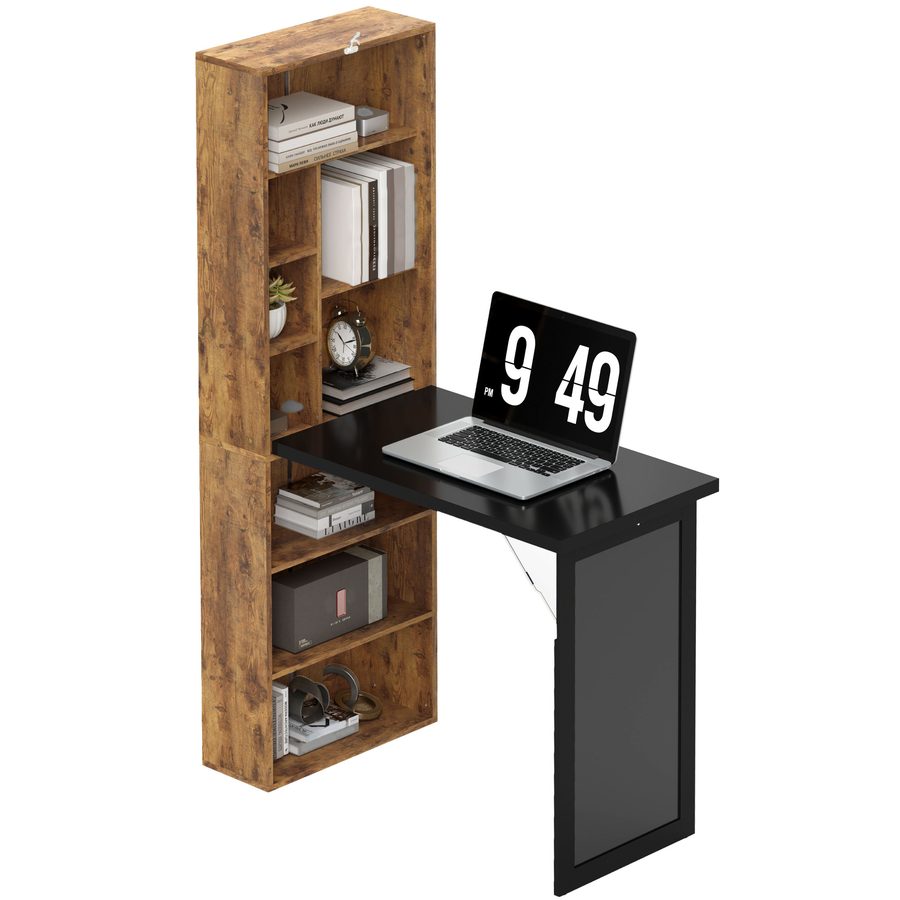HOMCOM Klappbarer Computertisch mit Bücherregal, Arbeitsplatz, Tafel, 9 offenen Fächern und verstellbarem Regal, Schreibtisch für Schlafzimmer, Studio, 98x51x153cm, Braun   Aosom von HOMCOM