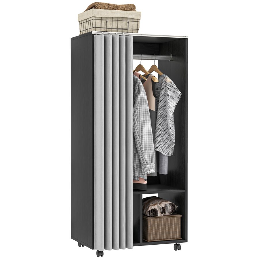 HOMCOM Kleiderschrank mobiler Kleiderschrank mit Vorhang, Spanplatten, Kleiderstange, schwarz   Aosom von HOMCOM