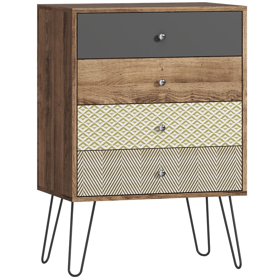 HOMCOM Kommode 4 Schubladen, Schlafzimmerkommode, mit Gabelbeinen aus Stahl, Kommode für Wohnzimmer, Büro, Boho‑Stil, 60x39x86 cm, Mehrfarbig   Aosom von HOMCOM