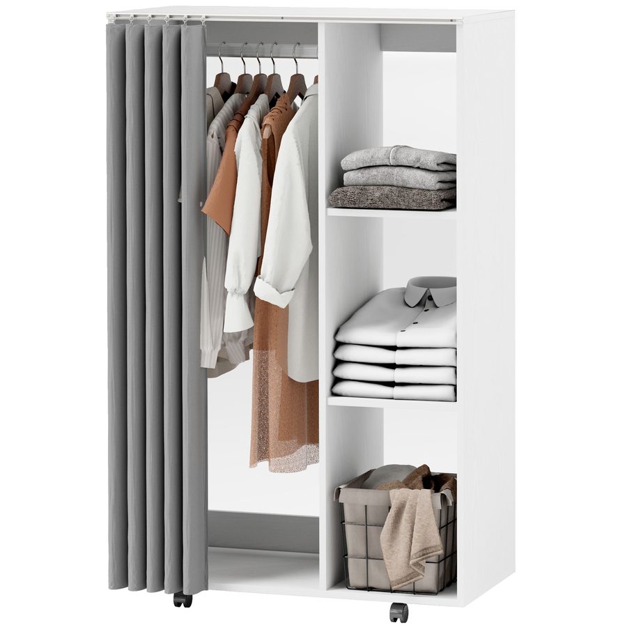 HOMCOM Kleiderschrank Aufbewahrungsmöbel mobil 6 Rollen mit Kleiderstange und offenen Regalen, rollender Kleiderschrank für Schlafzimmer, Maße 80 x 40 x 128 cm, weiß   Aosom von HOMCOM