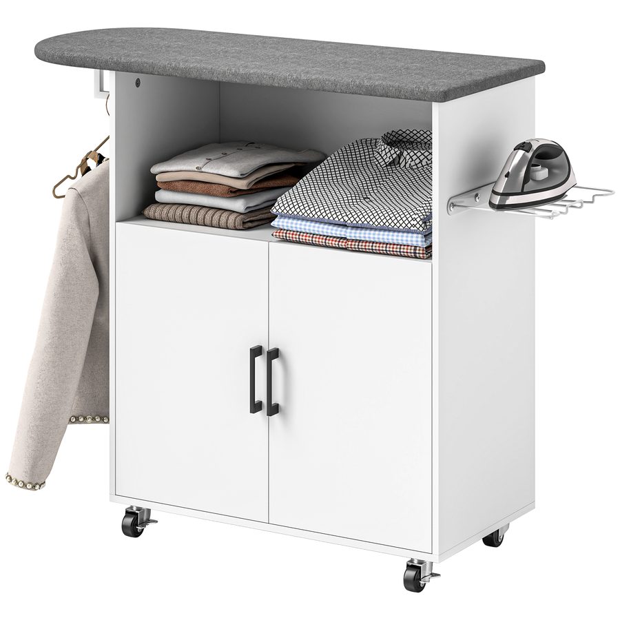 HOMCOM Bügelbrett mit Bremsen, Bügelbrett mit Rollen und Bügelbretthalter, Multifunktionales Bügelbrett mit Kleiderstange, offenes Regal und Schrank mit verstellbarem Regal, 125x43,5x102,5 cm, Weiß   Aosom von HOMCOM