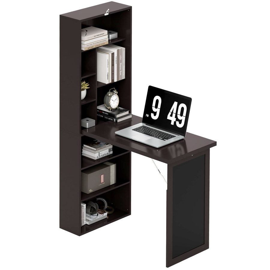 HOMCOM Klappbarer Computertisch mit Stauraum, Wandtisch mit Bücherregal, Arbeitsplatz, Kreidetafel und höhenverstellbarem Regal, braun   Aosom von HOMCOM