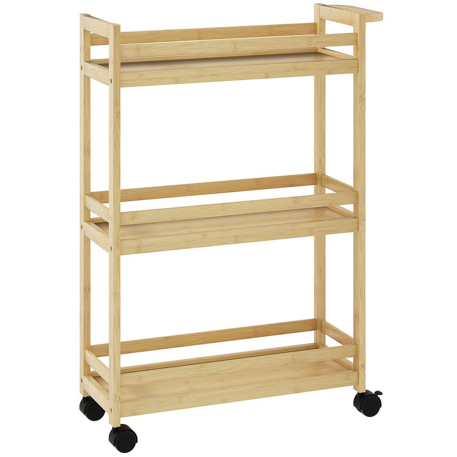 HOMCOM Badregal, Badezimmerregal mit 3 Ebenen, Rolle, Standregal aus Bambus, mit Griffe, für Badezimmer, Wohnzimmer, Küche, 55 x 20 x 75 cm, Naturholz   Aosom von HOMCOM