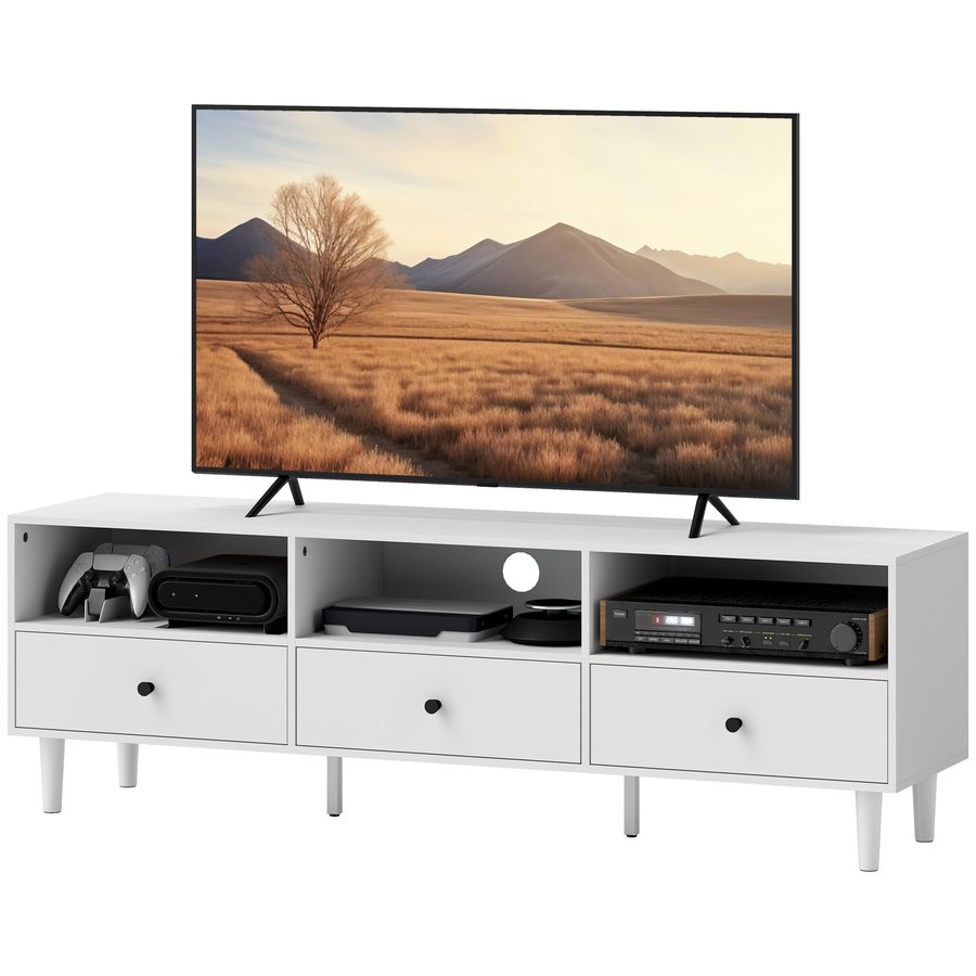 HOMCOM TV Schrank TV Board mit Schubladen, 3 offenen Fächern 140 cm lang TV Lowboard mit Kabelmanagement für Fernseher bis zu 75 Zoll Fernsehtisch für Wohnzimmer Weiß 140x34x45cm   Aosom von HOMCOM