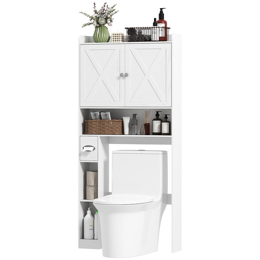 HOMCOM Toilettenaufsatzmöbel über Toilette Schrank mit X-förmigen Scheunentüren, verstellbarem Regal, offenen Fächern und Papiertücherhalter, 81,5x19,6x172cm, weiß   Aosom von HOMCOM