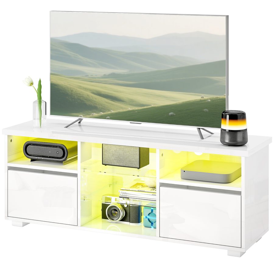 HOMCOM TV-Schrank 120 cm, TV-Ständer für Fernseher bis zu 55 Zoll mit LED-Beleuchtung und Fernbedienung, verstellbare Glasregale, offene Fächer und Kabeldurchführungen, TV-Bank für Wohnzimmer Weiß   Aosom von HOMCOM