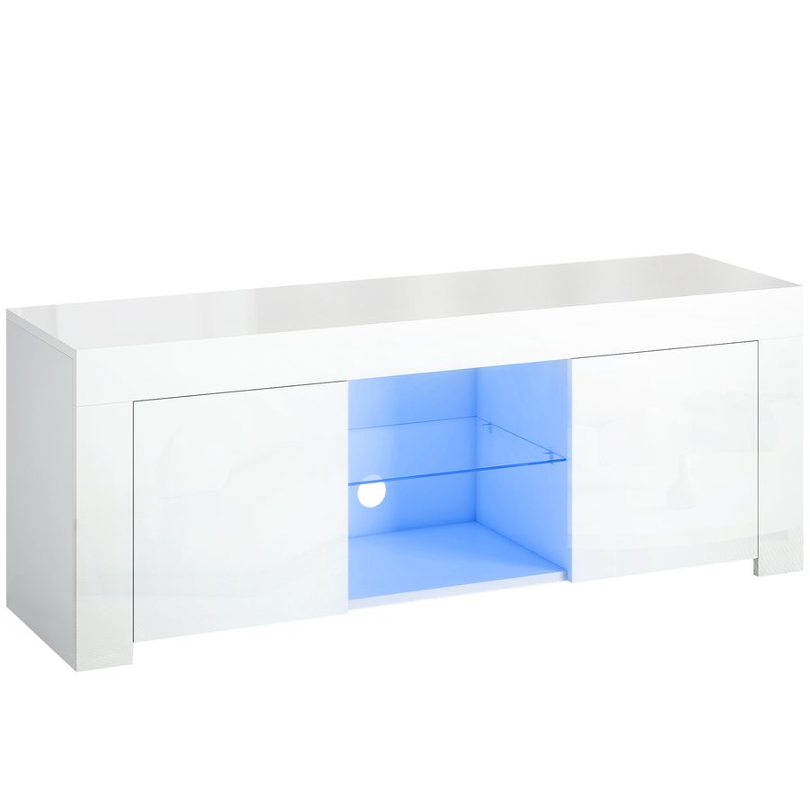 HOMCOM TV Schrank TV Board mit 2 Türen, RGB LED Leuchte, Hochglanz TV Lowboard für Fernseher bis zu 55 Zoll mit Glasregal, Kabelmanagement Fernsehtisch für Wohnzimmer Weiß 120x34x45cm   Aosom von HOMCOM