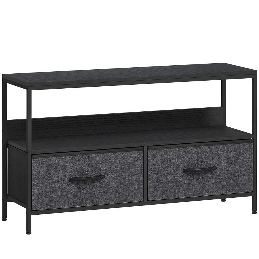 HOMCOM TV Schrank Lowboard mit 2 Schubladen, offenem Fach, 98 cm lang Fernsehtisch für Fernseher bis 47 Zoll, TV Board mit Stahlrahmen, für Wohnzimmer, Schwarz+Dunkelgrau, 98 x 29 x 56 cm   Aosom