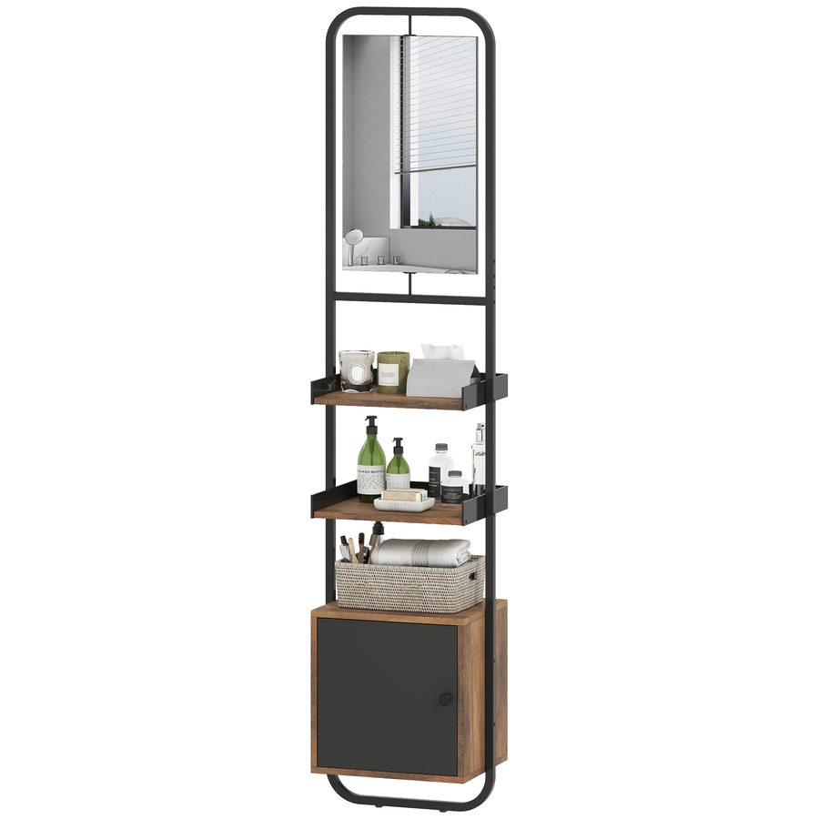 HOMCOM Badezimmerregal mit Spiegel, schmales und freistehendes Regal mit verstellbaren Regalen und Schrank, aus Holz, 40 x 30 x 179 cm, Schwarz   Aosom von HOMCOM