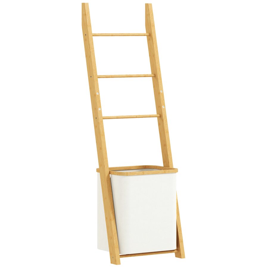 HOMCOM Badregal, 2-in-1 Badezimmerregal mit 3 Stangen, Standregal mit abnehmbarer 48L-Wäschekorb Aufbewahrungsregal aus Bambus für Wohnzimmer, Badezimmer, Cremeweiß, 43 x 35 x 133 cm   Aosom von HOMCOM