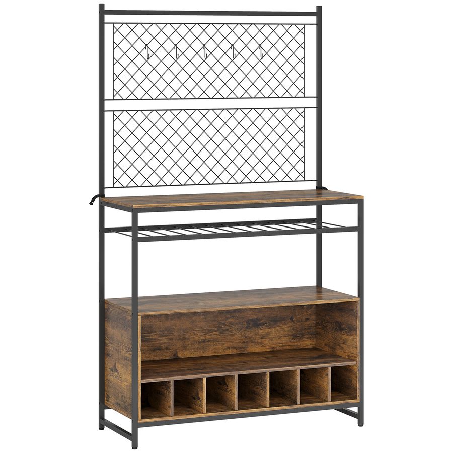 HOMCOM Küchenregal, Standregal mit 5 S-Haken, 2 Ablagen, Metallgitterpaneele, Kaffeebar mit Weinregal, Bäckerregal aus Metallrahmen, Rustikal-Braun, 96,5 x 38 x 165 cm   Aosom von HOMCOM